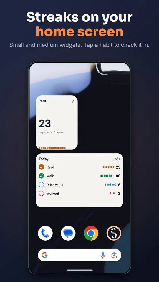 Streaks on your home screen: on Android, a 2x2 streak widget and a 4x2 list widget with check marks for each habit.