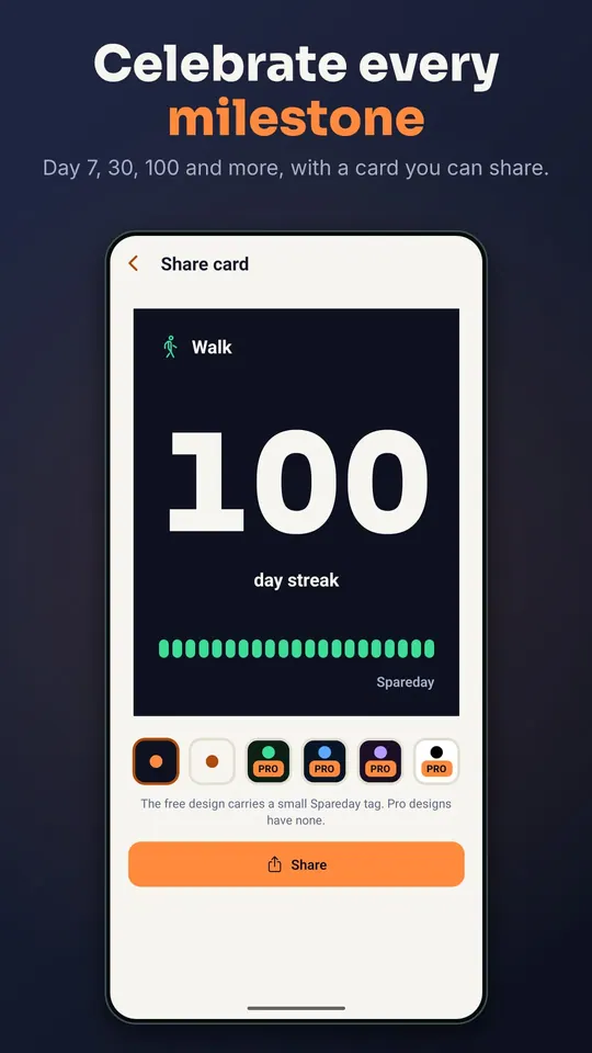 Celebrate every milestone: a share card for a 100-day streak, with six card designs to pick from.