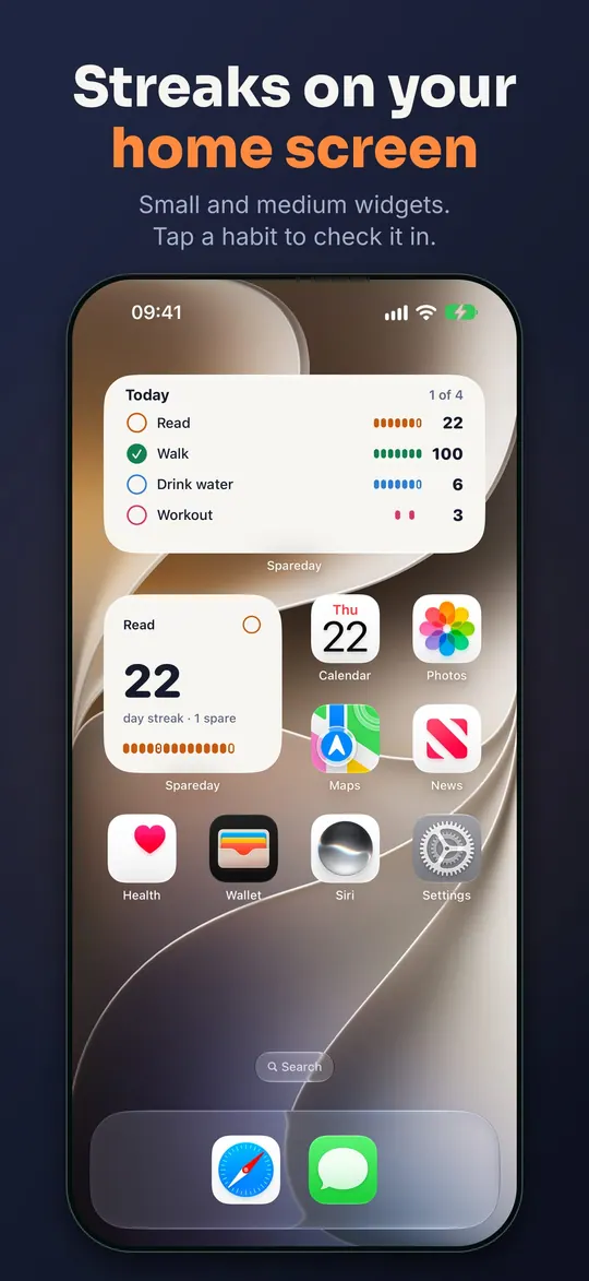 Streaks on your Home Screen: a small and a medium widget list habits with their streaks, and a tap checks one in.