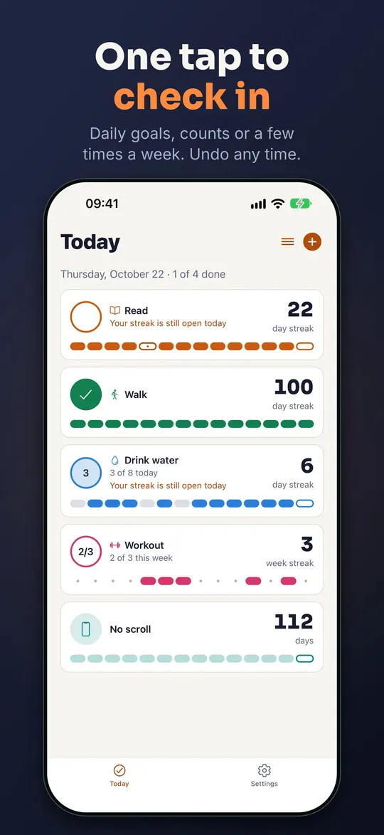 One tap to check in: the Today list shows Read, Walk, Drink water, Workout and No scroll with their day streaks.