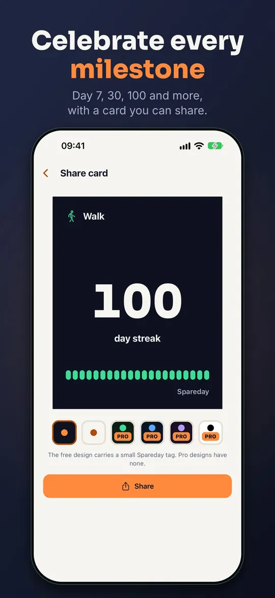 Celebrate every milestone: a share card for a 100-day streak, with six card designs to pick from.