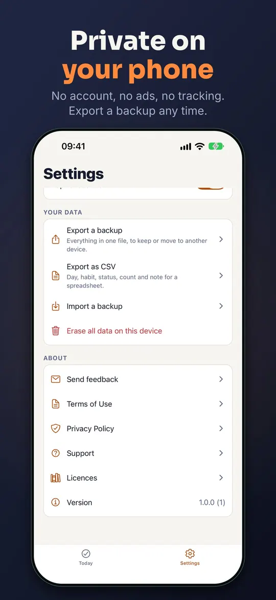 Private on your phone: Settings with Export a backup, Export as CSV, Import a backup and Erase all data on this device.
