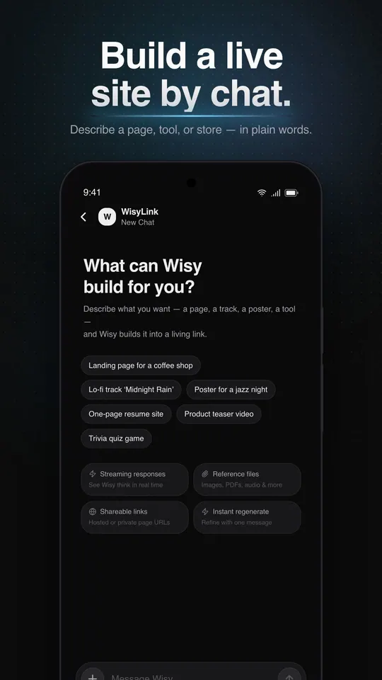 Build a live site by chat: on Android, a new chat asks what Wisy can build for you, with starter ideas such as a café page.