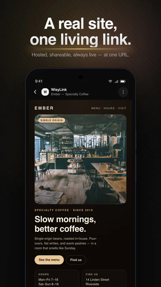 A real site, one living link: on Android, the Ember specialty coffee landing page open in the app.