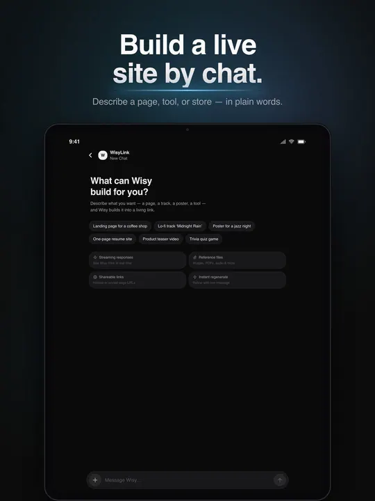 Build a live site by chat: on iPad, a new chat asks what Wisy can build for you, with starter ideas under the question.
