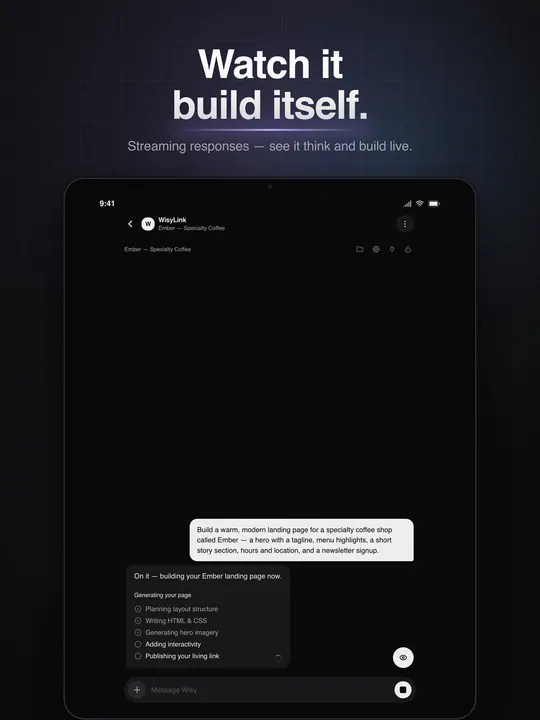 Watch it build itself: on iPad, the coffee shop prompt and the live build steps from planning to publishing.