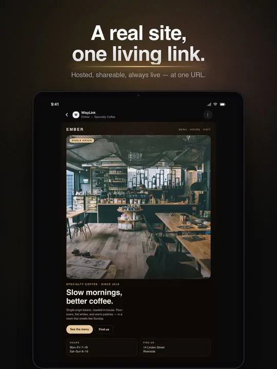 A real site, one living link: on iPad, the Ember specialty coffee landing page open in the app.