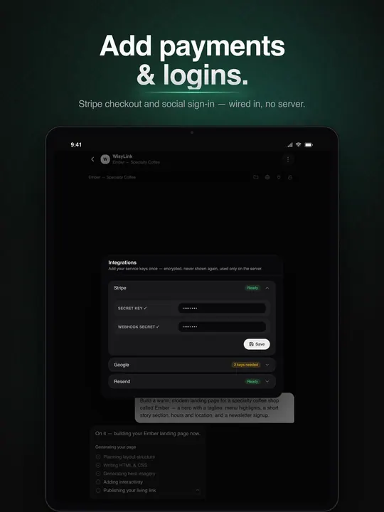 Add payments and logins: on iPad, the Integrations sheet with Stripe secret key and webhook secret fields.