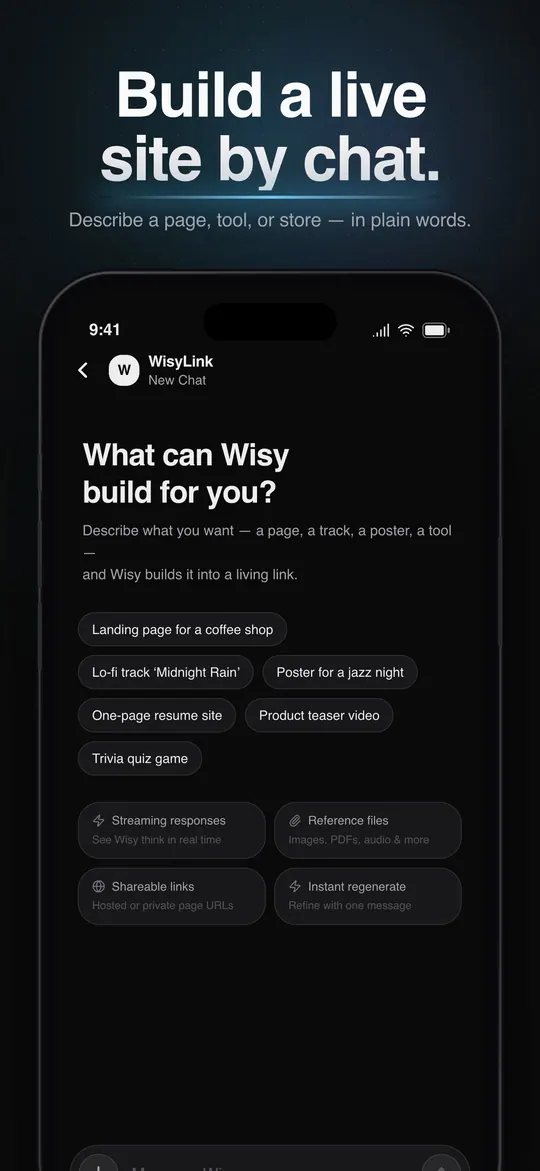 Build a live site by chat: a new chat asks what Wisy can build for you, with starter ideas such as a coffee shop page.