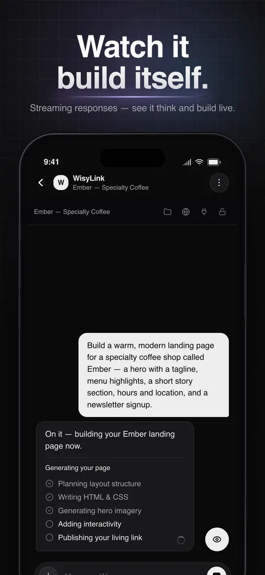 Watch it build itself: a coffee shop page prompt and the live build steps, from planning the layout to publishing.