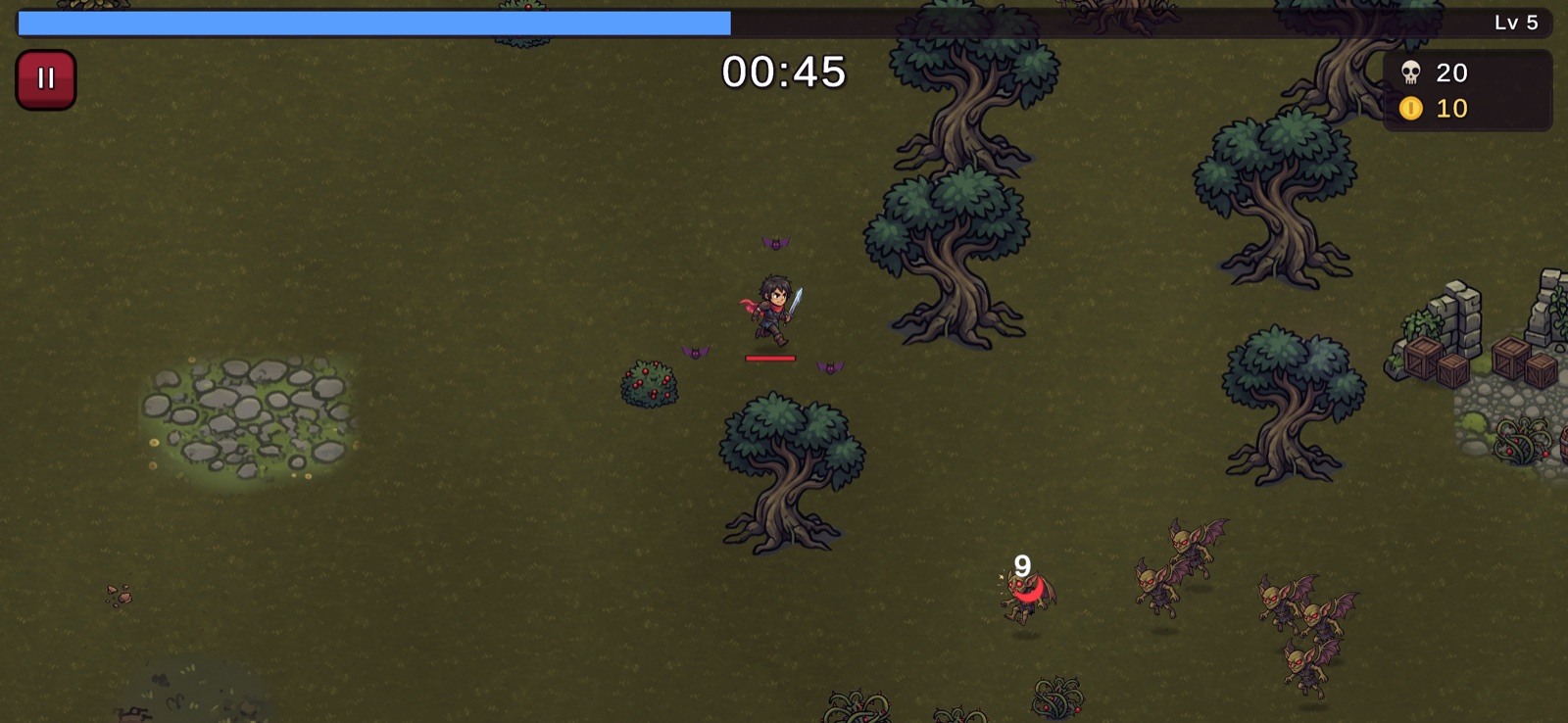 Early in a run in the Cursed Forest: the hunter at level 5 with a red blood crescent striking a winged imp while more imps close in from the lower right.