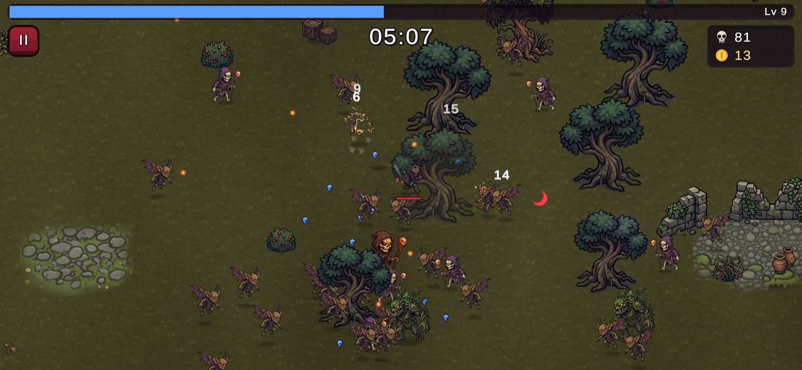 Five minutes in: imps, hooded skeleton mages and a moss-covered monster swarm around the hunter, with blue experience gems and damage numbers on the ground.