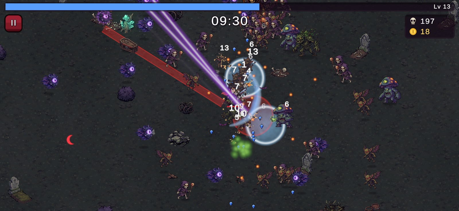 A graveyard stage at 09:30: purple beams and glowing rings tear through a dense pack of monsters, with damage numbers popping up everywhere.