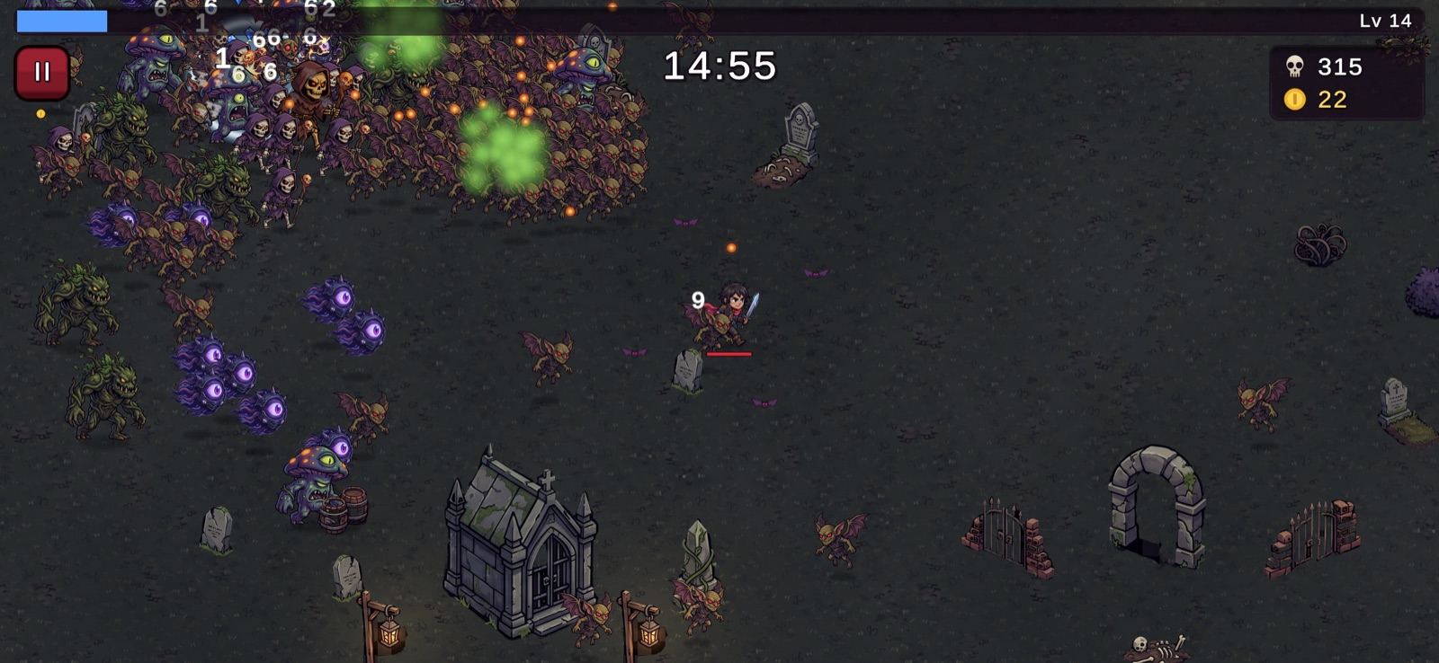 Almost 15 minutes in, a huge horde of monsters masses at the top left of a graveyard while the hunter, now level 14, keeps moving through open ground.