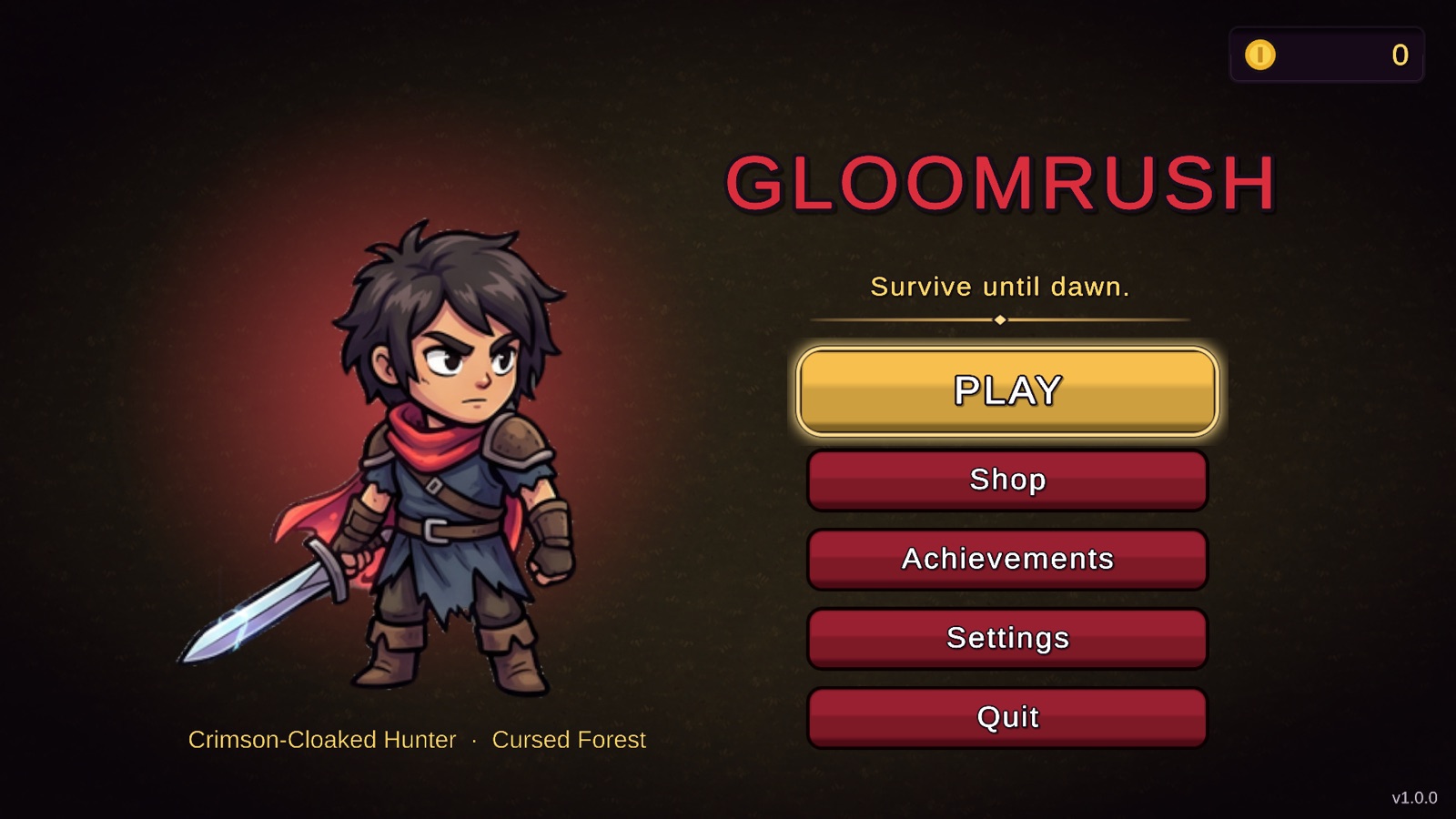 Gloomrush main menu on a tablet: the Crimson-Cloaked Hunter beside the Play, Shop, Achievements, Settings and Quit buttons and the line Survive until dawn.