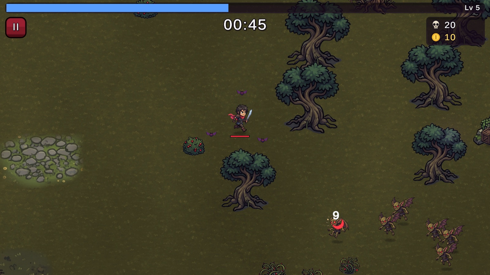 Early in a run in the Cursed Forest on a tablet: the hunter at level 5 strikes a winged imp with a red blood crescent while more imps approach.