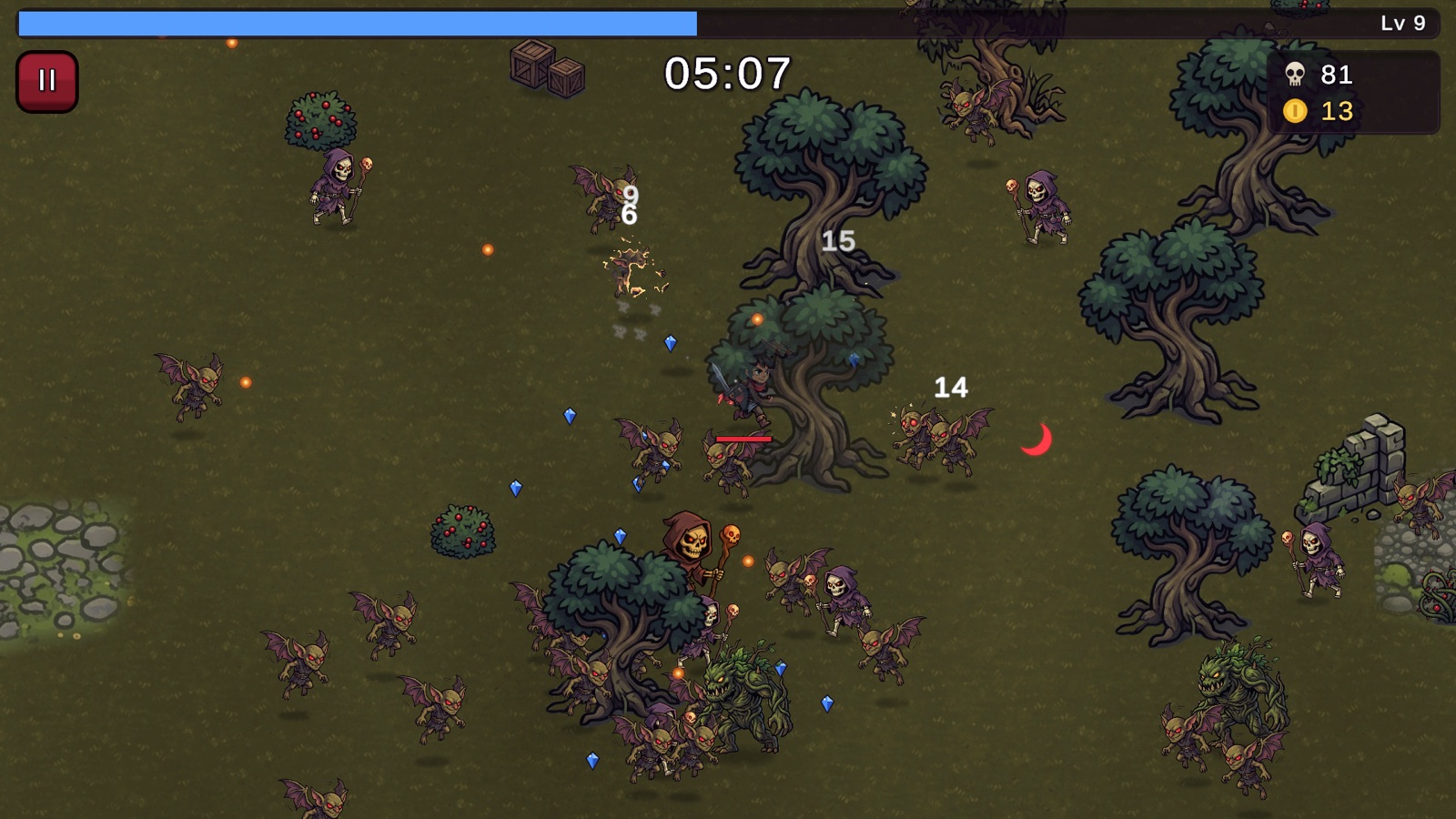 Five minutes in on a tablet: imps, hooded skeleton mages and a moss-covered monster surround the hunter, with blue experience gems lying around.