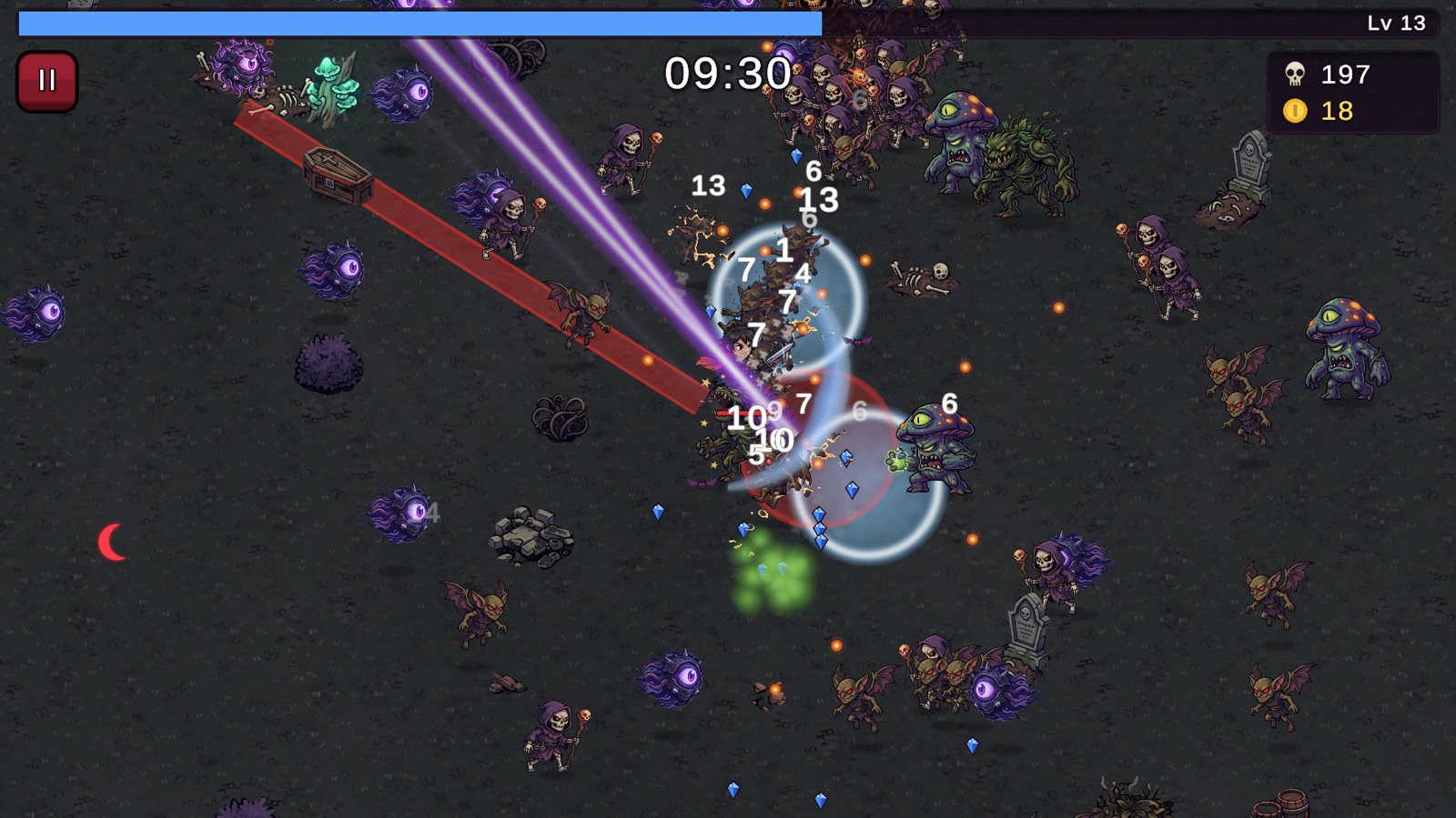A graveyard stage at 09:30 on a tablet: purple beams and glowing rings cut through a dense pack of monsters, with damage numbers popping up everywhere.