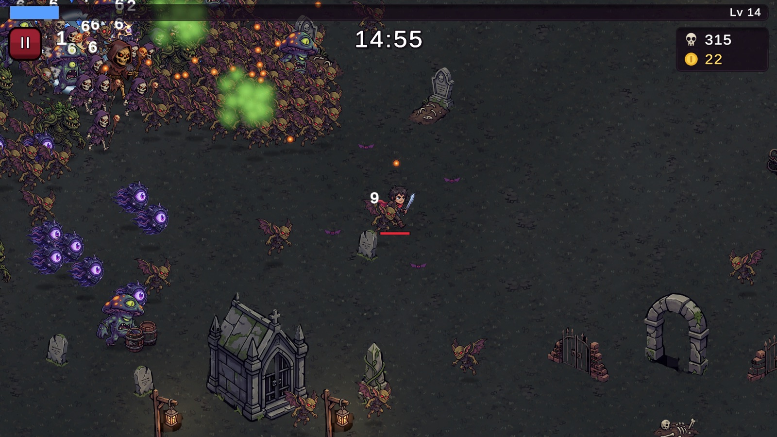 Almost 15 minutes in on a tablet: a dense horde fills the top left of a graveyard while the level 14 hunter keeps moving through open ground.